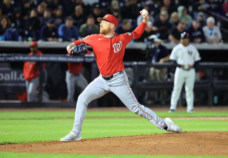 Feb 25, 2026; Tampa, Florida, USA; Washington Nationals pitcher Richard Lovelady (55) throws a pitch during the third inning against the New York Yankees at George M. Steinbrenner Field. Mandatory Credit: Kim Klement Neitzel-Imagn Images