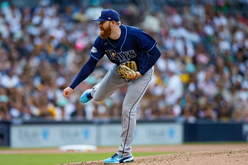 Jun 17, 2023; San Diego, California, USA;  Tampa Bay Rays relief pitcher Zack Littell (52) throws a pitch in the eighth inning against the San Diego Padres at Petco Park. Mandatory Credit: David Frerker-USA TODAY Sports