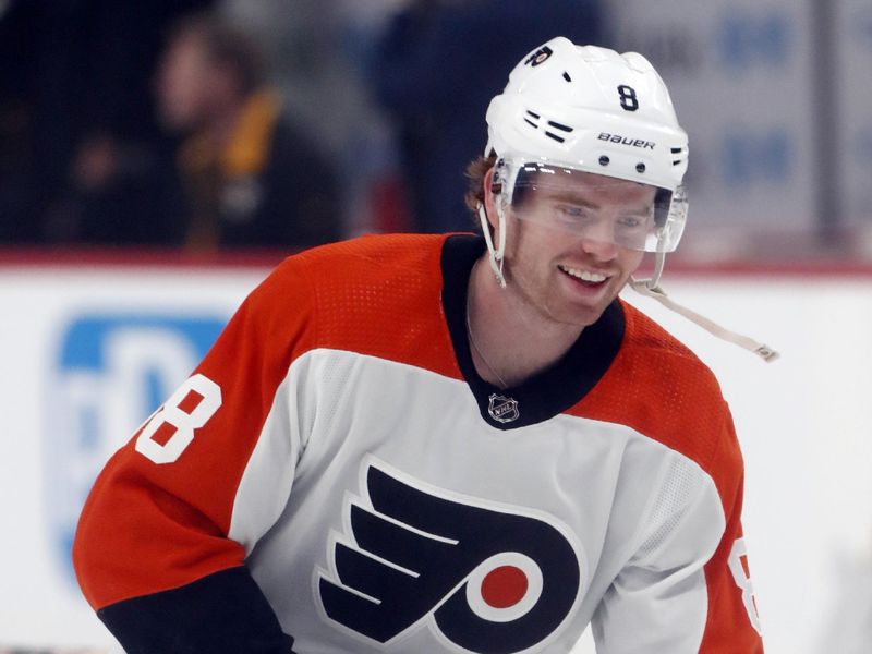 Feb 25, 2024; Pittsburgh, Pennsylvania, USA;  Philadelphia Flyers defenseman Cam York (8) warms up before the game against the Pittsburgh Penguins at PPG Paints Arena. Mandatory Credit: Charles LeClaire-USA TODAY Sports