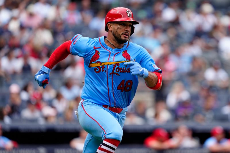 Aug 31, 2024; Bronx, New York, USA; St. Louis Cardinals catcher Ivan Herrera (48) runs out an RBI double against the New York Yankees during the sixth inning at Yankee Stadium. Mandatory Credit: Gregory Fisher-USA TODAY Sports