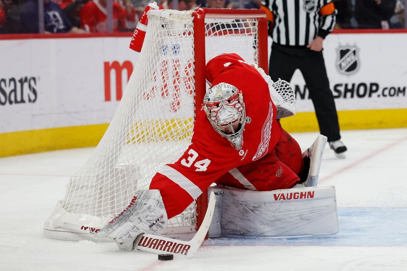 Apr 9, 2024; Detroit, Michigan, USA; Detroit Red Wings goaltender Alex Lyon (34) makes a save in the third period against the Washington Capitals at Little Caesars Arena. Mandatory Credit: Rick Osentoski-USA TODAY Sports