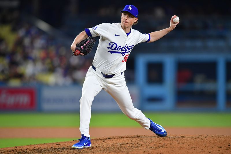 May 22, 2024; Los Angeles, California, USA; Los Angeles Dodgers pitcher Ryan Yarbrough (56) throws against the Arizona Diamondbacks during the seventh inning at Dodger Stadium. Mandatory Credit: Gary A. Vasquez-USA TODAY Sports