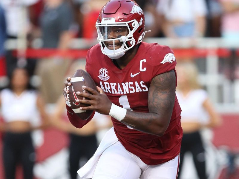 Sep 16, 2023; Fayetteville, Arkansas, USA; Arkansas Razorbacks quarterback KJ Jefferson (1) looks to pass in the first quarter against the BYU Cougars at Donald W. Reynolds Razorback Stadium. Mandatory Credit: Nelson Chenault-USA TODAY Sports