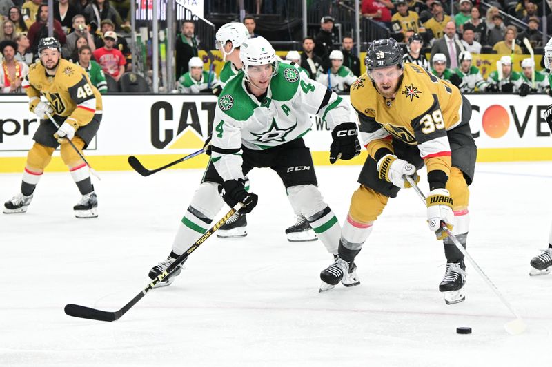 Apr 27, 2024; Las Vegas, Nevada, USA; Dallas Stars defenseman Miro Heiskanen (4) chases after Vegas Golden Knights right wing Anthony Mantha (39) in the third period in game three of the first round of the 2024 Stanley Cup Playoffs at T-Mobile Arena. Mandatory Credit: Candice Ward-USA TODAY Sports