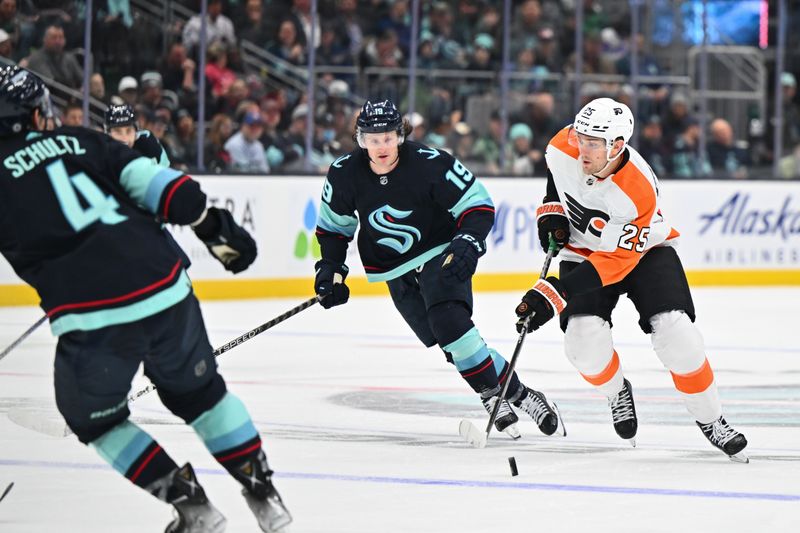 Feb 16, 2023; Seattle, Washington, USA; Philadelphia Flyers left wing James van Riemsdyk (25) advances the puck against the Seattle Kraken during the second period at Climate Pledge Arena. Mandatory Credit: Steven Bisig-USA TODAY Sports