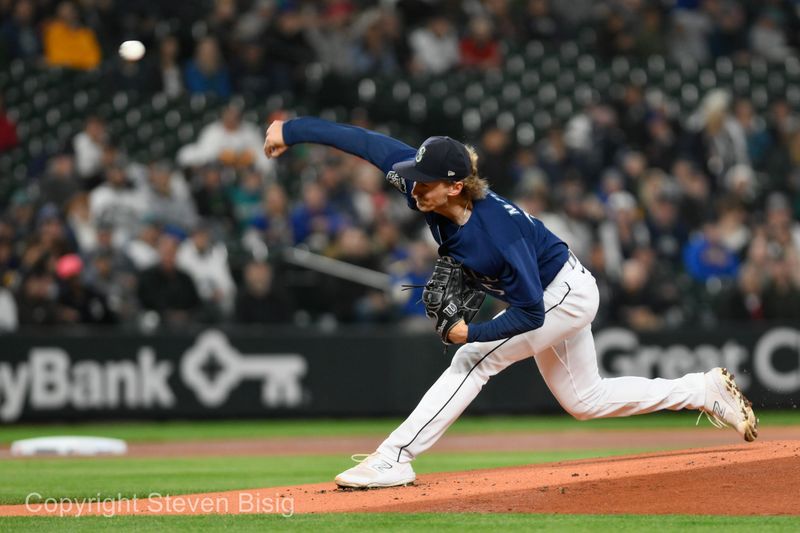 Sep 27, 2023; Seattle, Washington, USA; Seattle Mariners starting pitcher Bryce Miller (50) pitches to the Houston Astros during the first inning at T-Mobile Park. Mandatory Credit: Steven Bisig-USA TODAY Sports