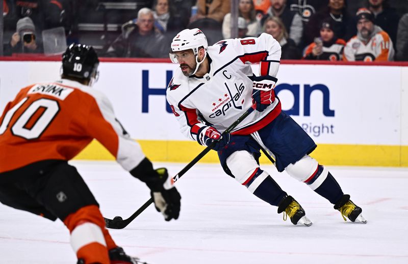 Dec 14, 2023; Philadelphia, Pennsylvania, USA; Washington Capitals left wing Alex Ovechkin (8) controls the puck against the Philadelphia Flyers in the first period at Wells Fargo Center. Mandatory Credit: Kyle Ross-USA TODAY Sports