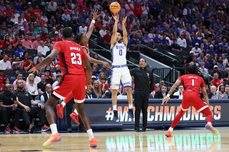 Mar 31, 2024; Dallas, TX, USA; Duke Blue Devils guard Jared McCain (0) shoots against North Carolina State Wolfpack guard DJ Horne (0) in the first half in the finals of the South Regional of the 2024 NCAA Tournament at American Airline Center. Mandatory Credit: Kevin Jairaj-USA TODAY Sports