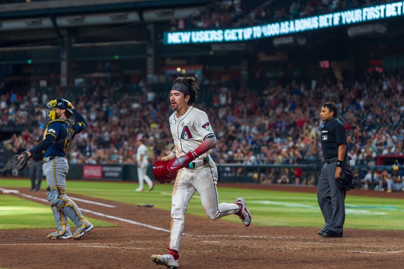 Sep 15, 2024; Phoenix, Arizona, USA; Arizona Diamondbacks outfielder Corbin Carroll (7) returns to the dugout after scoring in the eighth inning during a game against the Milwaukee Brewers at Chase Field. Mandatory Credit: Allan Henry-Imagn Images