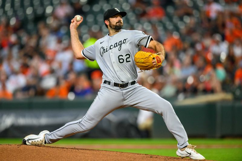 Aug 29, 2023; Baltimore, Maryland, USA; Chicago White Sox starting pitcher Jesse Scholtens (62) pitches during the first inning against the Baltimore Orioles at Oriole Park at Camden Yards. Mandatory Credit: Reggie Hildred-USA TODAY Sports