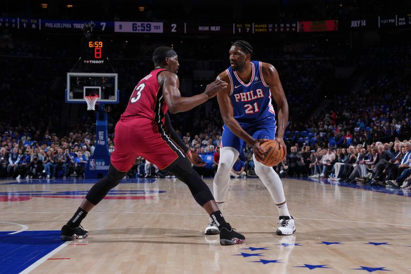 PHILADELPHIA, PA - APRIL 17: Joel Embiid #21 of the Philadelphia 76ers dribbles the ball during the game against the Miami Heat during the 2024 NBA Play-In Tournament on April 17, 2024 at the Wells Fargo Center in Philadelphia, Pennsylvania NOTE TO USER: User expressly acknowledges and agrees that, by downloading and/or using this Photograph, user is consenting to the terms and conditions of the Getty Images License Agreement. Mandatory Copyright Notice: Copyright 2024 NBAE (Photo by Jesse D. Garrabrant/NBAE via Getty Images)