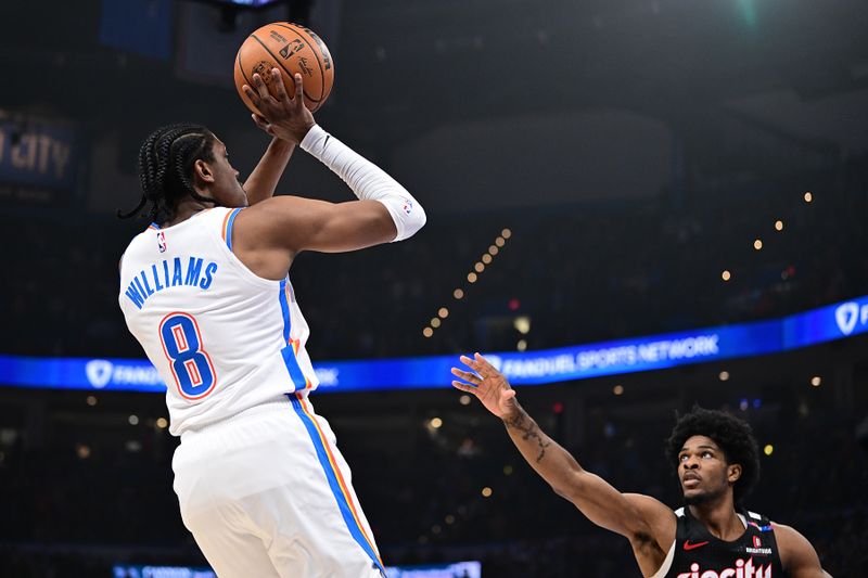 OKLAHOMA CITY, OKLAHOMA - NOVEMBER 20: Jalen Williams #8 of the Oklahoma City Thunder goes up for a shot during the first half against the Portland Trail Blazers at Paycom Center on November 20, 2024 in Oklahoma City, Oklahoma. NOTE TO USER: User expressly acknowledges and agrees that, by downloading and or using this photograph, User is consenting to the terms and conditions of the Getty Images License Agreement. (Photo by Joshua Gateley/Getty Images)