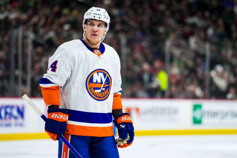 Jan 15, 2024; Saint Paul, Minnesota, USA; New York Islanders center Bo Horvat (14) looks on during the first period against the Minnesota Wild at Xcel Energy Center. Mandatory Credit: Brace Hemmelgarn-USA TODAY Sports