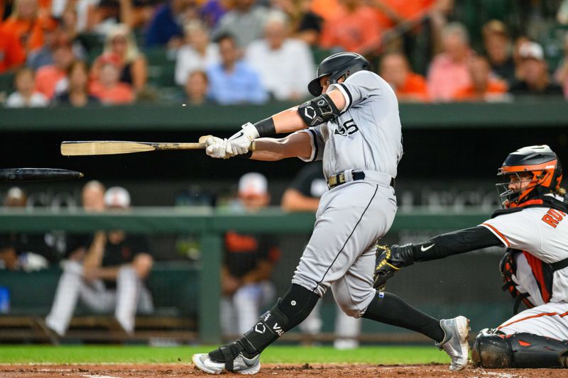 Aug 29, 2023; Baltimore, Maryland, USA; Chicago White Sox first baseman Andrew Vaughn (25) breaks a bat during the second inning against the Baltimore Orioles at Oriole Park at Camden Yards. Mandatory Credit: Reggie Hildred-USA TODAY Sports