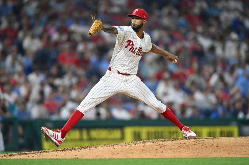 Aug 17, 2024; Philadelphia, Pennsylvania, USA; Philadelphia Phillies starting pitcher Cristopher Sanchez (61) throws a pitch against the Washington Nationals in the ninth inning at Citizens Bank Park. Mandatory Credit: Kyle Ross-USA TODAY Sports