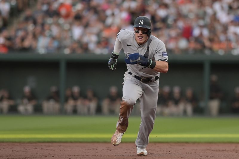 Jul 29, 2023; Baltimore, Maryland, USA;  New York Yankees center fielder Harrison Bader (22) advances to third base on a  pass ball in the second inning against the Baltimore Orioles at Oriole Park at Camden Yards. Mandatory Credit: Tommy Gilligan-USA TODAY Sports