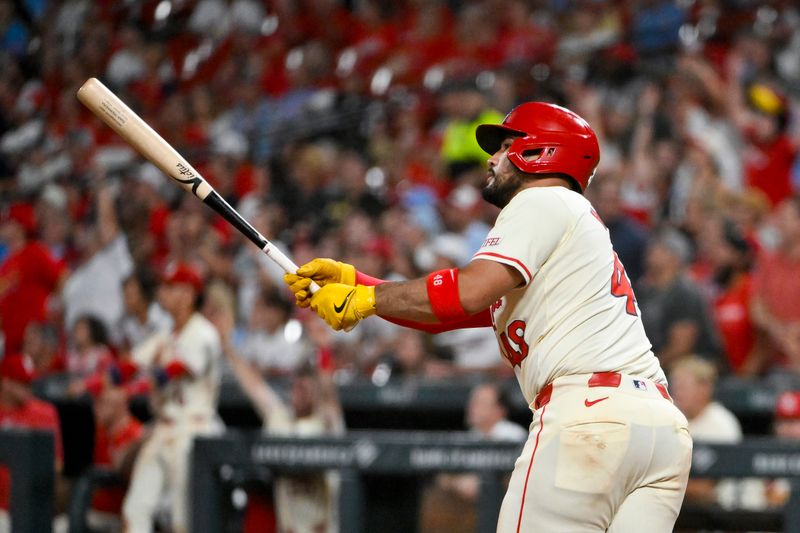 Sep 21, 2024; St. Louis, Missouri, USA;  St. Louis Cardinals catcher Ivan Herrera (48) hits a three run home run against the Cleveland Guardians during the seventh inning at Busch Stadium. Mandatory Credit: Jeff Curry-Imagn Images