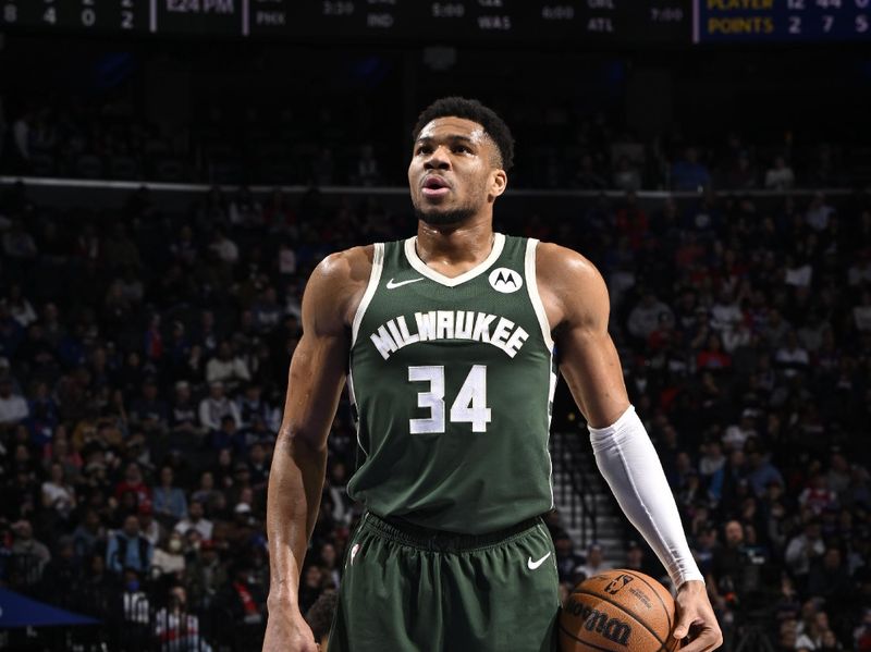 PHILADELPHIA, PA - FEBRUARY 25: Giannis Antetokounmpo #34 of the Milwaukee Bucks shoots a free throw during the game against the Philadelphia 76ers on February 25, 2024 at the Wells Fargo Center in Philadelphia, Pennsylvania NOTE TO USER: User expressly acknowledges and agrees that, by downloading and/or using this Photograph, user is consenting to the terms and conditions of the Getty Images License Agreement. Mandatory Copyright Notice: Copyright 2024 NBAE (Photo by David Dow/NBAE via Getty Images)