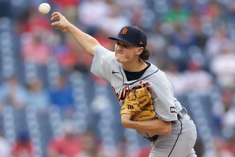 Jun 8, 2023; Philadelphia, Pennsylvania, USA; Detroit Tigers starting pitcher Reese Olson (45) throws a pitch during the second inning against the Philadelphia Phillies at Citizens Bank Park. Mandatory Credit: Bill Streicher-USA TODAY Sports