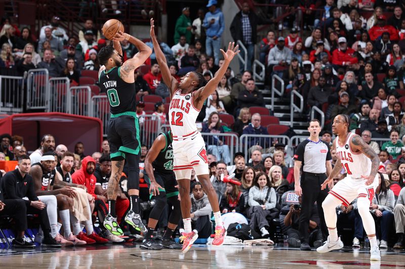 CHICAGO, IL - MARCH 23: Jayson Tatum #0 of the Boston Celtics shoots the ball during the game against the Chicago Bulls on March 23, 2024 at United Center in Chicago, Illinois. NOTE TO USER: User expressly acknowledges and agrees that, by downloading and or using this photograph, User is consenting to the terms and conditions of the Getty Images License Agreement. Mandatory Copyright Notice: Copyright 2024 NBAE (Photo by Jeff Haynes/NBAE via Getty Images)