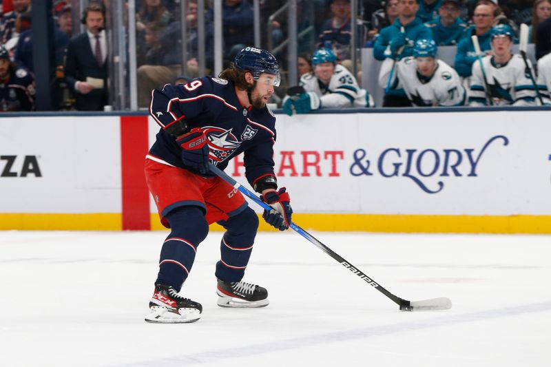 Mar 28, 2026; Columbus, Ohio, USA; Columbus Blue Jackets defenseman Ivan Provorov (9) looks to pass against the San Jose Sharks during the first period at Nationwide Arena. Mandatory Credit: Russell LaBounty-Imagn Images