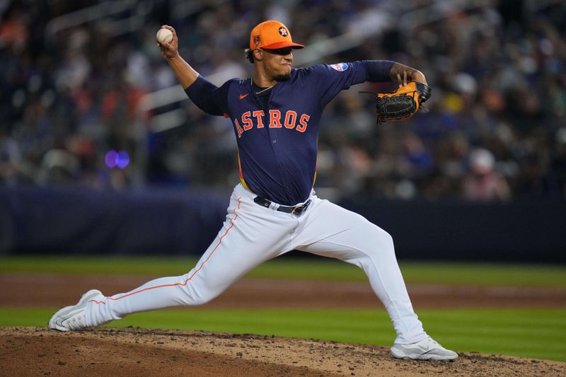 Mar 16, 2024; West Palm Beach, Florida, USA;  Houston Astros relief pitcher Bryan Abreu (52) pitches in the sixth inning against the New York Mets at CACTI Park of the Palm Beaches. Mandatory Credit: Jim Rassol-USA TODAY Sports