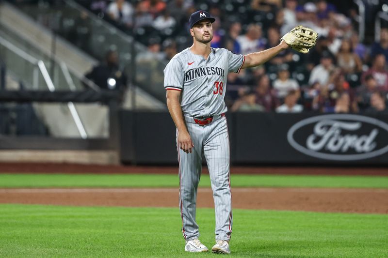 Jul 29, 2024; New York City, New York, USA;  Minnesota Twins outfielder Matt Wallner (38) prepares to pitch in relief in the eighth inning against the New York Mets at Citi Field. Mandatory Credit: Wendell Cruz-USA TODAY Sports