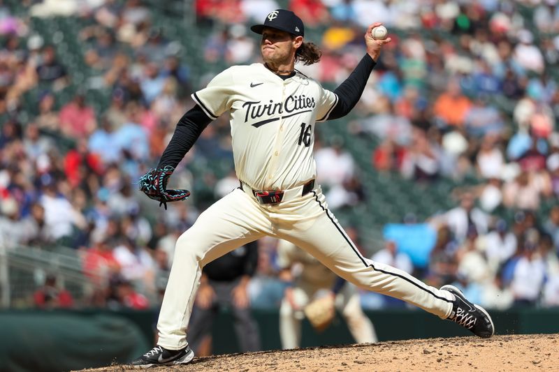 Apr 10, 2024; Minneapolis, Minnesota, USA; Minnesota Twins relief pitcher Steven Okert (16) delivers a pitch against the Los Angeles Dodgers during the ninth inning at Target Field. Mandatory Credit: Matt Krohn-USA TODAY Sports