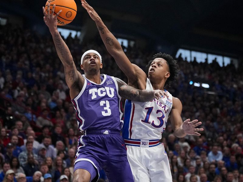 Jan 6, 2024; Lawrence, Kansas, USA; TCU Horned Frogs guard Avery Anderson III (3) shoots against Kansas Jayhawks guard Elmarko Jackson (13) during the first half at Allen Fieldhouse. Mandatory Credit: Jay Biggerstaff-USA TODAY Sports