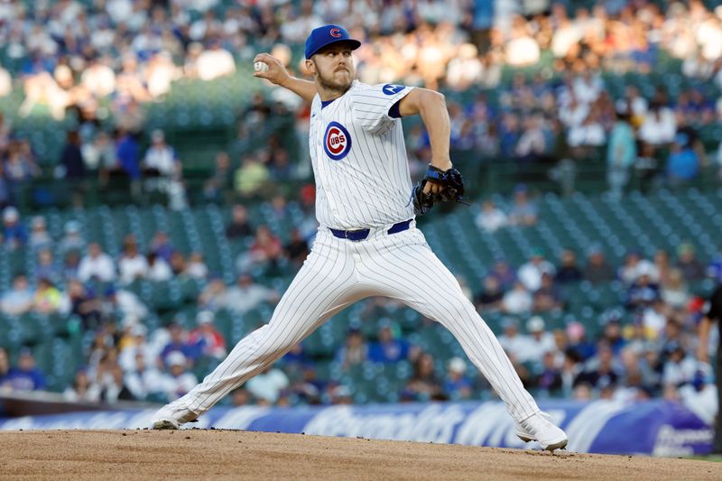 Sep 2, 2024; Chicago, Illinois, USA; Chicago Cubs starting pitcher Jameson Taillon (50) delivers a pitch against the Pittsburgh Pirates during the first inning at Wrigley Field. Mandatory Credit: Kamil Krzaczynski-USA TODAY Sports