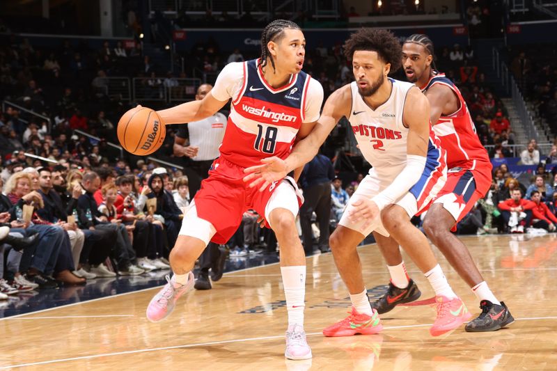 WASHINGTON, DC -? NOVEMBER 17:  Kyshawn George #18 of the Washington Wizards dribbles the ball during the game against the Detroit Pistons on November 17, 2024 at Capital One Arena in Washington, DC. NOTE TO USER: User expressly acknowledges and agrees that, by downloading and or using this Photograph, user is consenting to the terms and conditions of the Getty Images License Agreement. Mandatory Copyright Notice: Copyright 2024 NBAE (Photo by Kenny Giarla/NBAE via Getty Images)