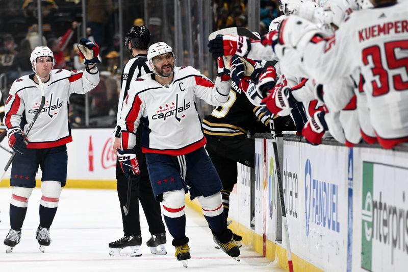 Feb 10, 2024; Boston, Massachusetts, USA; Washington Capitals left wing Alex Ovechkin (8) celebrates with his teammates after scoring a goal against the Boston Bruins during the third period at the TD Garden. Mandatory Credit: Brian Fluharty-USA TODAY Sports