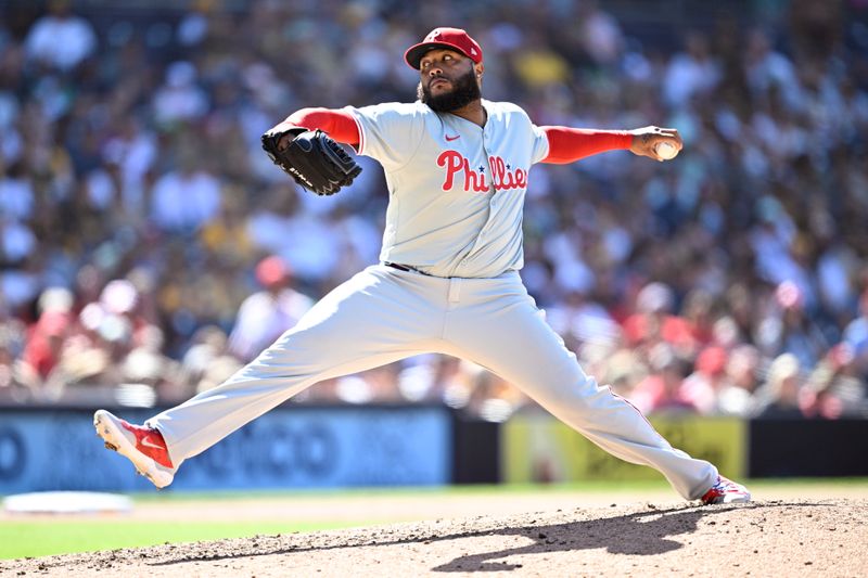 Apr 28, 2024; San Diego, California, USA; Philadelphia Phillies relief pitcher Jose Alvarado (46) throws a pitch against the San Diego Padres during the ninth inning at Petco Park. Mandatory Credit: Orlando Ramirez-USA TODAY Sports