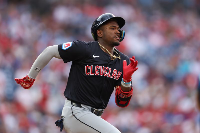 Jul 26, 2024; Philadelphia, Pennsylvania, USA; Cleveland Guardians third base Angel Martínez (1) runs the bases after hitting a single during the first inning against the Philadelphia Phillies at Citizens Bank Park. Mandatory Credit: Bill Streicher-USA TODAY Sports