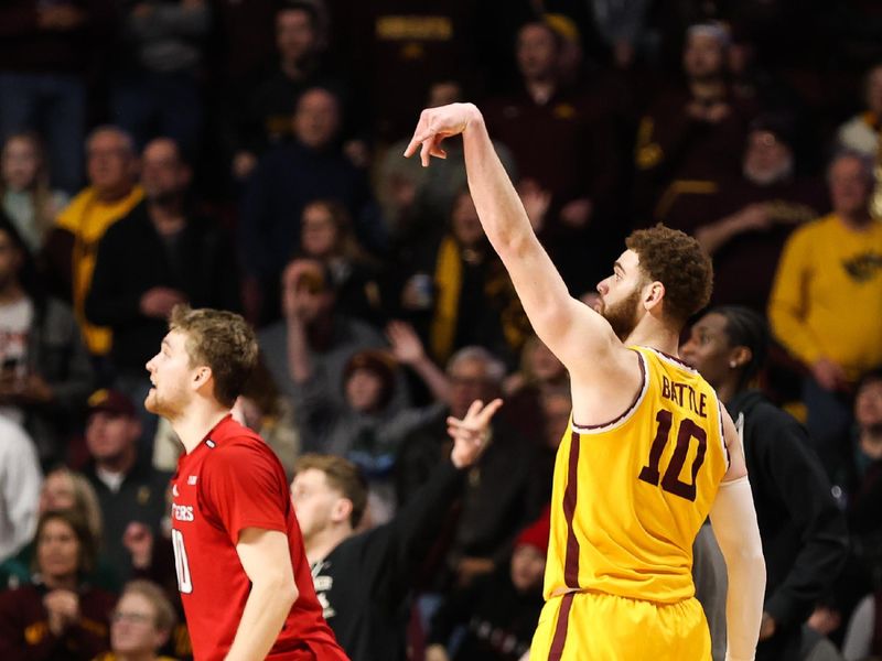 Mar 2, 2023; Minneapolis, Minnesota, USA; Minnesota Golden Gophers forward Jamison Battle (10) watches his game-winning shot against the Rutgers Scarlet Knights during the second half at Williams Arena. Mandatory Credit: Matt Krohn-USA TODAY Sports