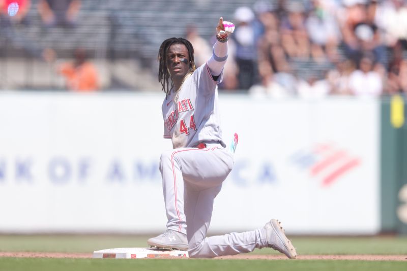 Aug 30, 2023; San Francisco, California, USA; Cincinnati Reds third baseman Elly De La Cruz (44) celebrates after hitting a double during the eighth inning against the San Francisco Giants at Oracle Park. Mandatory Credit: Sergio Estrada-USA TODAY Sports