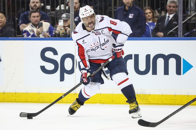 Mar 5, 2025; New York, New York, USA;  Washington Capitals left wing Alex Ovechkin (8) attempts a shot on goal in the third period against the New York Rangers at Madison Square Garden. Mandatory Credit: Wendell Cruz-Imagn Images