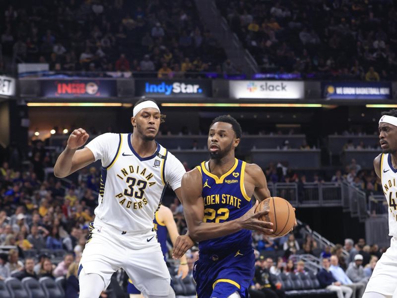 INDIANAPOLIS, IN - FEBRUARY 8:  Andrew Wiggins #22 of the Golden State Warriors goes to the basket during the game on February 8, 2024  at Gainbridge Fieldhouse in Indianapolis, Indiana. NOTE TO USER: User expressly acknowledges and agrees that, by downloading and or using this Photograph, user is consenting to the terms and conditions of the Getty Images License Agreement. Mandatory Copyright Notice: Copyright 2024 NBAE (Photo by Justin Casterline/NBAE via Getty Images)