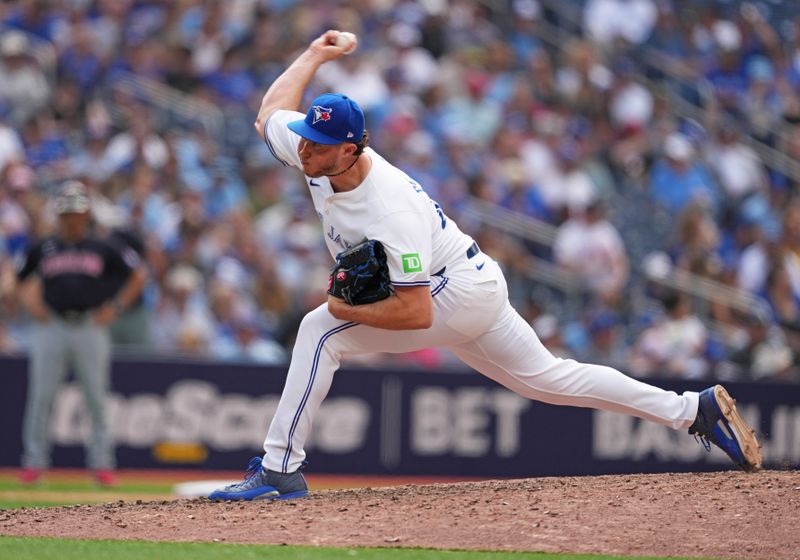 Jun 15, 2024; Toronto, Ontario, CAN; Toronto Blue Jays relief pitcher Nate Pearson (24) throws a pitch against the Cleveland Guardians during the ninth inning at Rogers Centre. Mandatory Credit: Nick Turchiaro-USA TODAY Sports