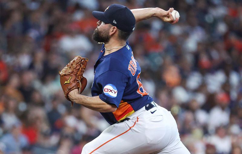 Sep 24, 2023; Houston, Texas, USA; Houston Astros starting pitcher Jose Urquidy (65) delivers a pitch during the fourth inning against the Kansas City Royals at Minute Maid Park. Mandatory Credit: Troy Taormina-USA TODAY Sports