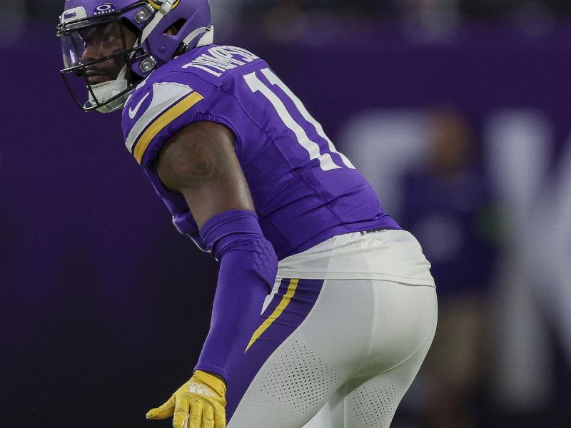 Minnesota Vikings cornerback NaJee Thompson (11) in action against the Kansas City Chiefs during the second half of an NFL football game Sunday, Oct. 8, 2023 in Minneapolis. (AP Photo/Stacy Bengs)