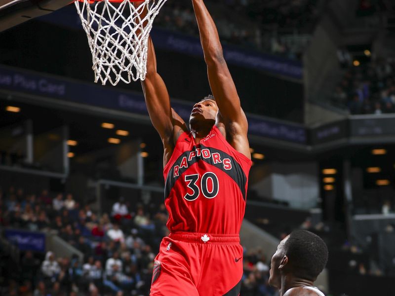 BROOKLYN, NY - OCTOBER 18: Ochai Agbaji #30 of the Toronto Raptors shoots the ball during the game on October 18, 2024 at Barclays Center in Brooklyn, New York. NOTE TO USER: User expressly acknowledges and agrees that, by downloading and or using this Photograph, user is consenting to the terms and conditions of the Getty Images License Agreement. Mandatory Copyright Notice: Copyright 2024 NBAE (Photo by David L. Nemec/NBAE via Getty Images)