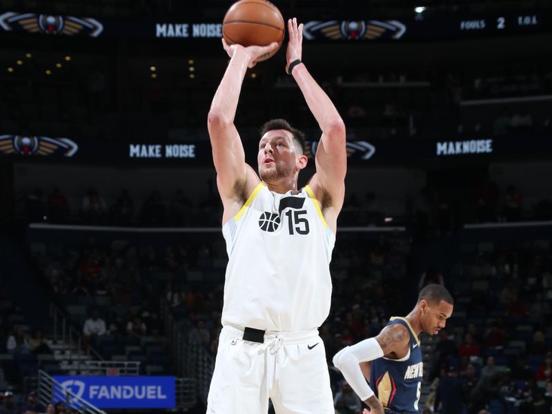 NEW ORLEANS, LA - JANUARY 17:  Drew Eubanks #15 of the Utah Jazz shoots a free throw during the game against the New Orleans Pelicans on January 17, 2025 at the Smoothie King Center in New Orleans, Louisiana. NOTE TO USER: User expressly acknowledges and agrees that, by downloading and or using this Photograph, user is consenting to the terms and conditions of the Getty Images License Agreement. Mandatory Copyright Notice: Copyright 2025 NBAE (Photo by Layne Murdoch Jr./NBAE via Getty Images)