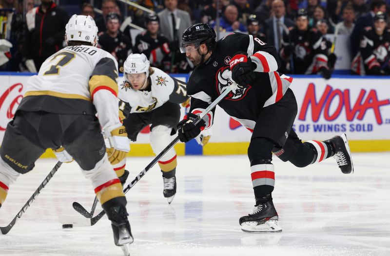 Mar 2, 2024; Buffalo, New York, USA;  Buffalo Sabres right wing Alex Tuch (89) takes a shot on goal during the second period against the Vegas Golden Knights at KeyBank Center. Mandatory Credit: Timothy T. Ludwig-USA TODAY Sports