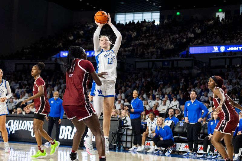 Mar 1, 2026; Lexington, Kentucky, USA; Kentucky Wildcats center Clara Strack (13) shoots a basket during the fourth quarter at Memorial Coliseum. Mandatory Credit: Arden Barnes-Imagn Images