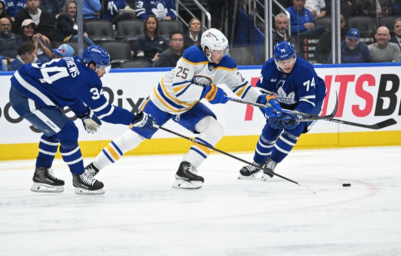 Oct 25, 2025; Toronto, Ontario, CAN; Buffalo Sabres defenceman Owen Power (25) fights for the puck with Toronto Maple Leafs center Auston Matthews (34) and center Bobby McMann (74) in the second period at Scotiabank Arena. Mandatory Credit: Gerry Angus-Imagn Images