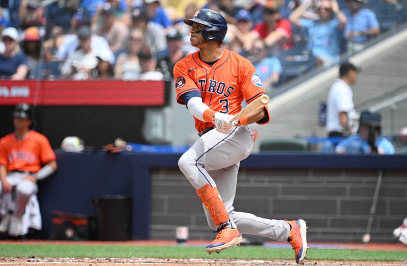 Jul 4, 2024; Toronto, Ontario, CAN; Houston Astros shortstop Jeremy Pena (3) hits a single against the Toronto Blue Jays in the fifth inning at Rogers Centre. Mandatory Credit: Dan Hamilton-USA TODAY Sports