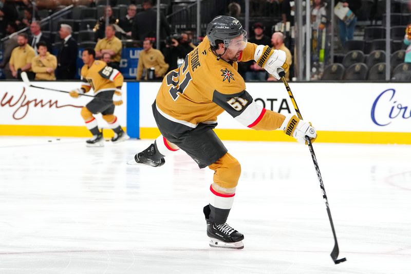 Apr 10, 2025; Las Vegas, Nevada, USA; Vegas Golden Knights right wing Mark Stone (61) warms up before a game against the Seattle Kraken at T-Mobile Arena. Mandatory Credit: Stephen R. Sylvanie-Imagn Images