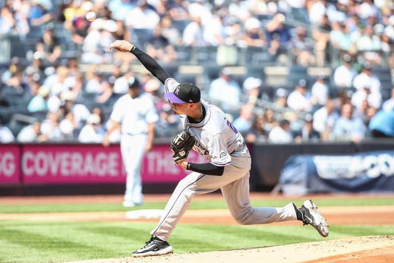 Aug 24, 2024; Bronx, New York, USA;  Colorado Rockies starting pitcher Bradley Blalock (64) pitches in the first inning against the New York Yankees at Yankee Stadium. Mandatory Credit: Wendell Cruz-USA TODAY Sports