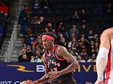 DETROIT, MI - DECEMBER 30: Pascal Siakam #43 of the Toronto Raptors dribbles the ball during the game against the Detroit Pistons on December 30, 2023 at Little Caesars Arena in Detroit, Michigan. NOTE TO USER: User expressly acknowledges and agrees that, by downloading and/or using this photograph, User is consenting to the terms and conditions of the Getty Images License Agreement. Mandatory Copyright Notice: Copyright 2023 NBAE (Photo by Chris Schwegler/NBAE via Getty Images)